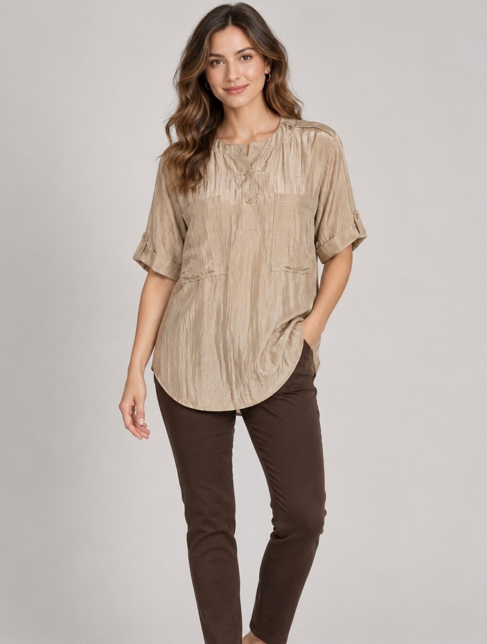 Vintage 90s Silk Focus 100% Silk Champagne Utility Tunic Top M NWT